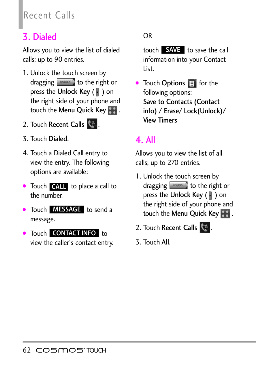 LG Electronics MFL67011101 manual Recent Calls, Dialed, All 