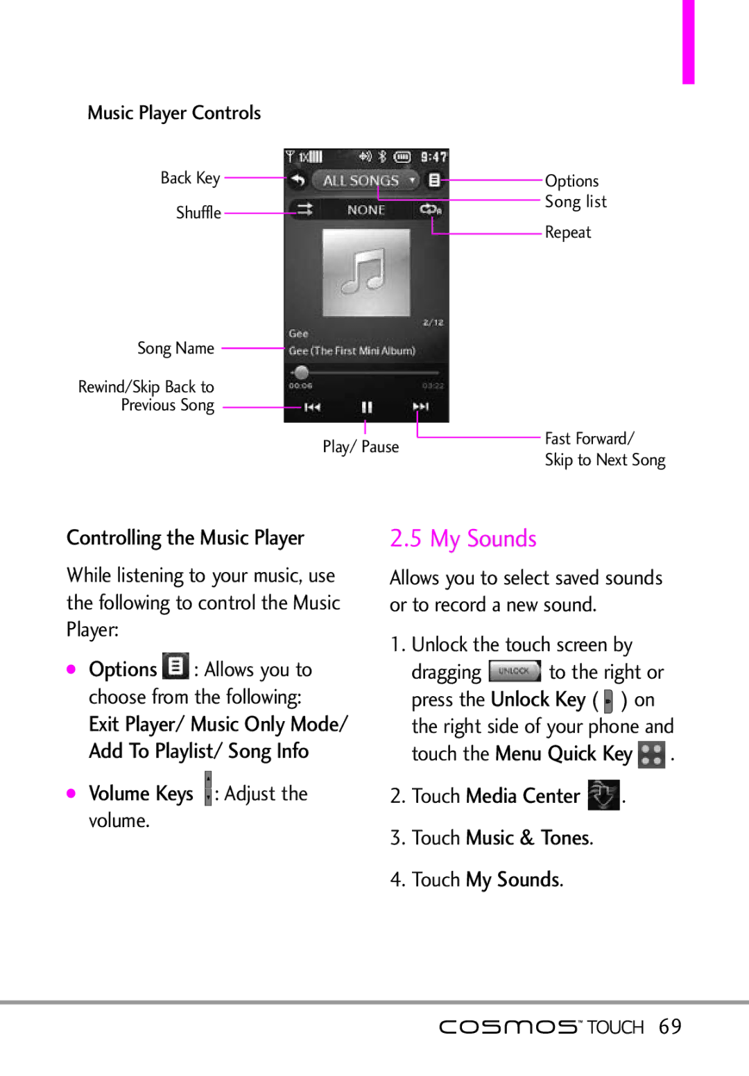 LG Electronics MFL67011101 manual My Sounds, Controlling the Music Player, Volume Keys Adjust 