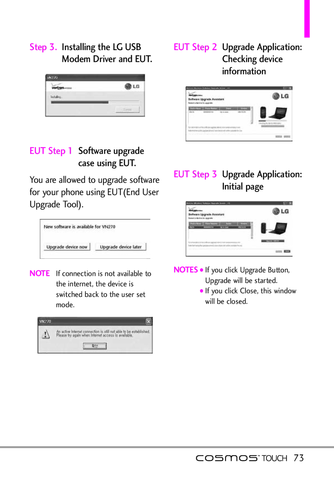 LG Electronics MFL67011101 manual Installing the LG USB, EUT Upgrade Application Initial, Modem Driver and EUT 