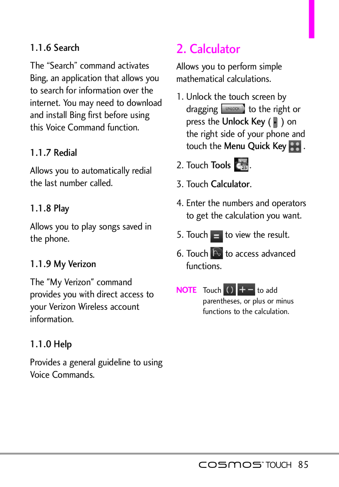 LG Electronics MFL67011101 manual Redial, Play, Help, Tools Touch Calculator 