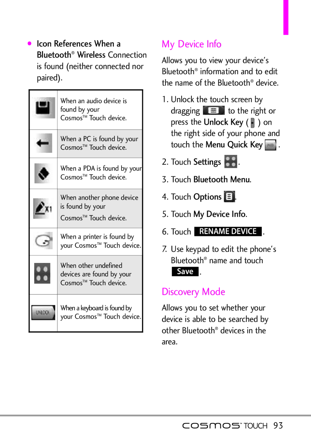 LG Electronics MFL67011101 manual Discovery Mode, Touch My Device Info, Touch Options 