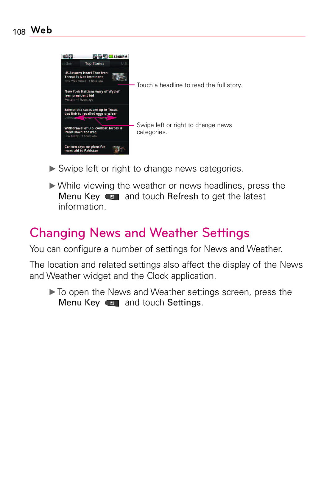 LG Electronics MFL67011201(1.0)G, Vortex manual Changing News and Weather Settings, 108 Web 