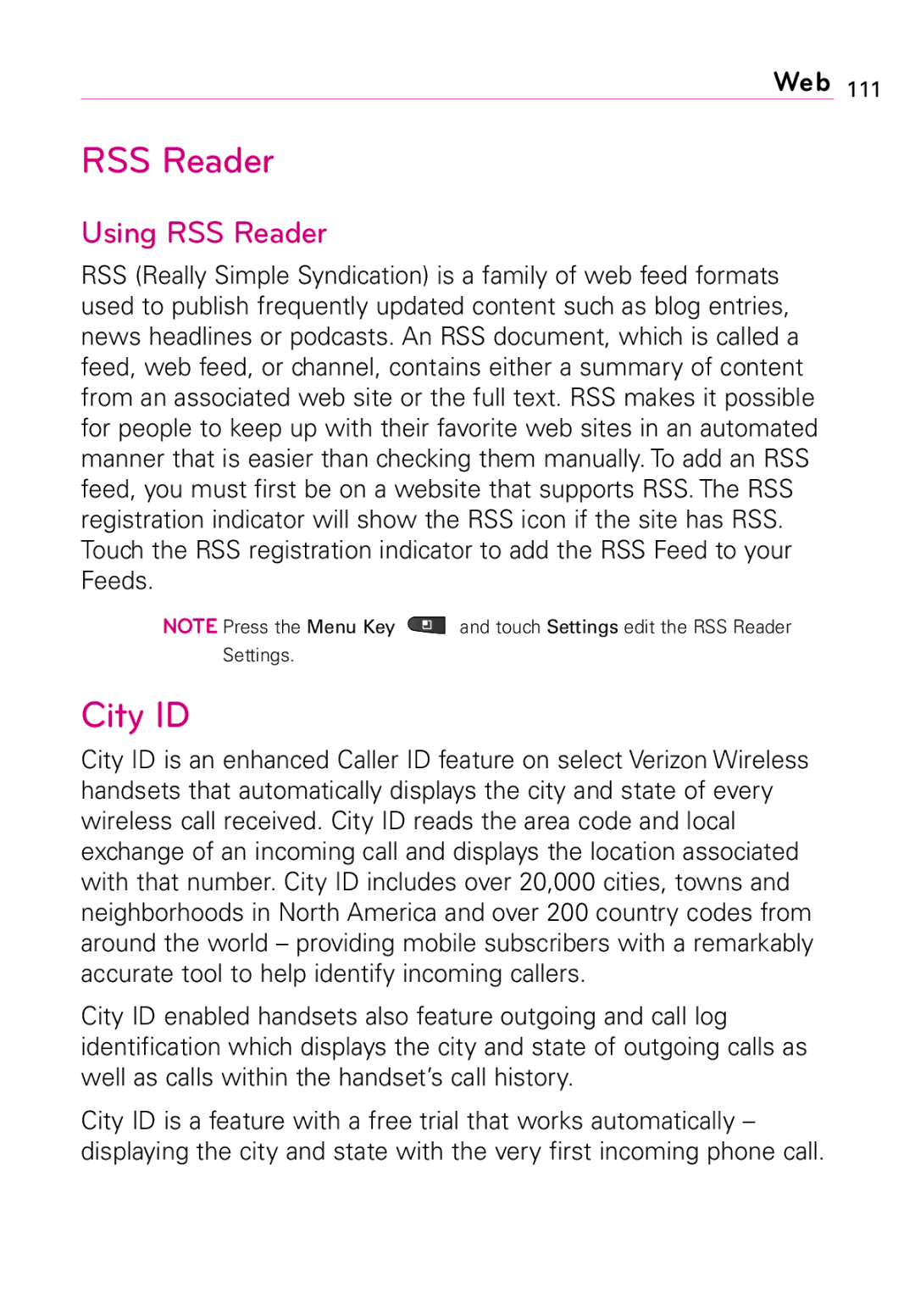 LG Electronics Vortex, MFL67011201(1.0)G manual City ID, Using RSS Reader 