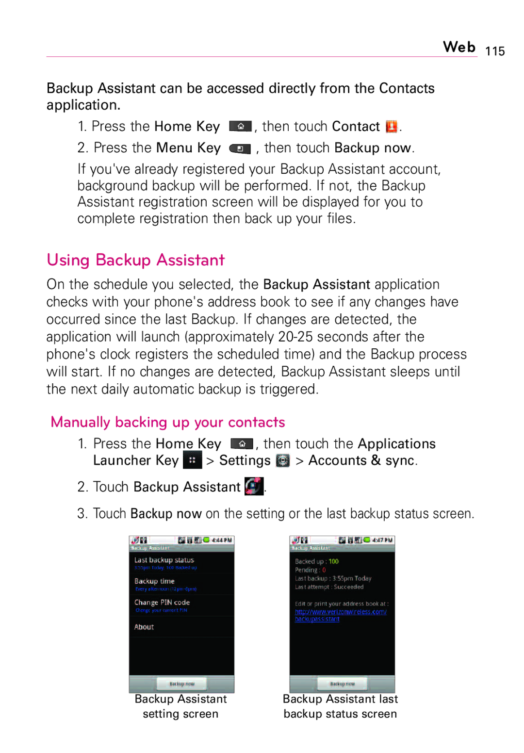 LG Electronics Vortex, MFL67011201(1.0)G manual Using Backup Assistant, Manually backing up your contacts 