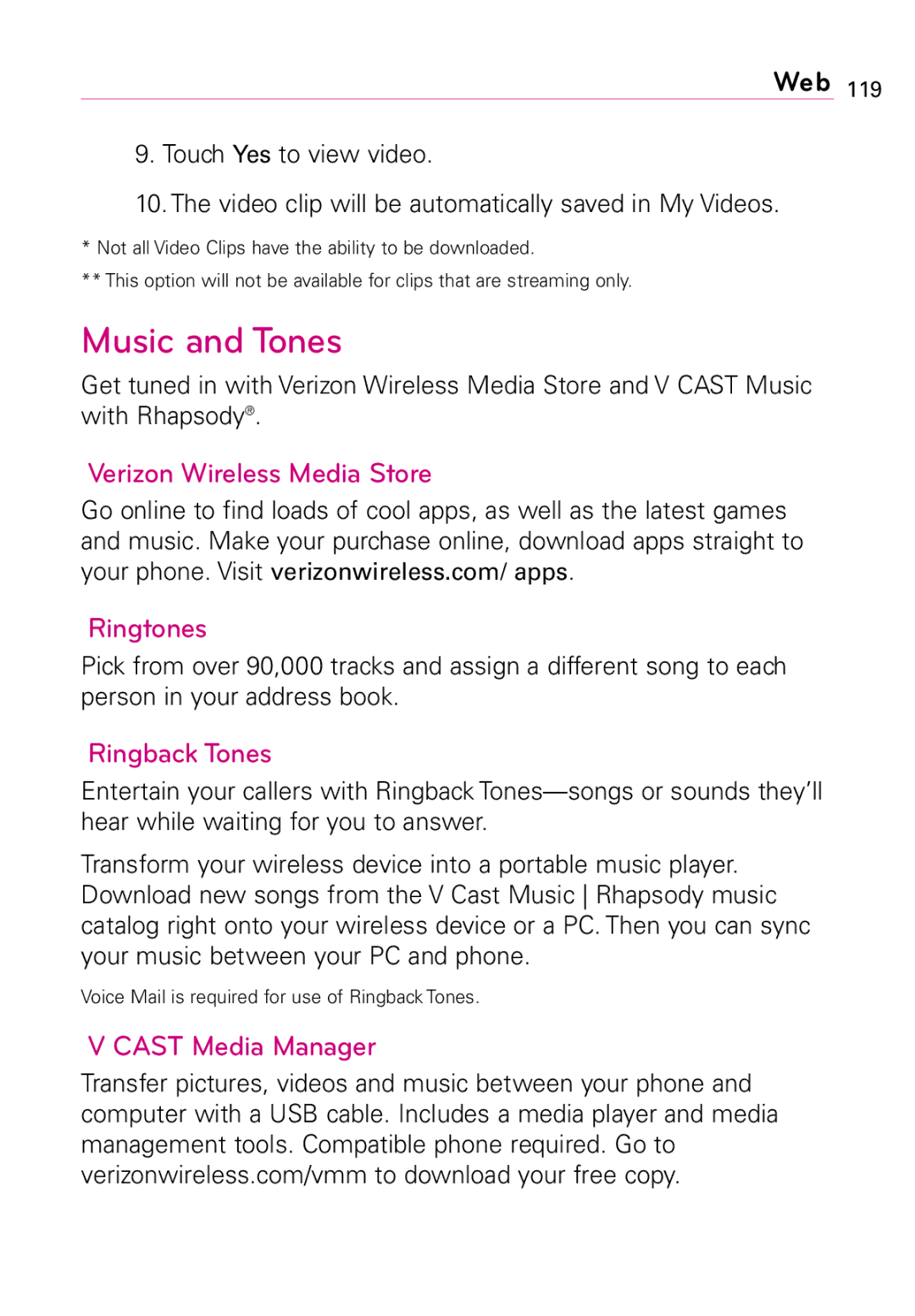 LG Electronics Vortex manual Music and Tones, Verizon Wireless Media Store Ringtones, Ringback Tones, Cast Media Manager 