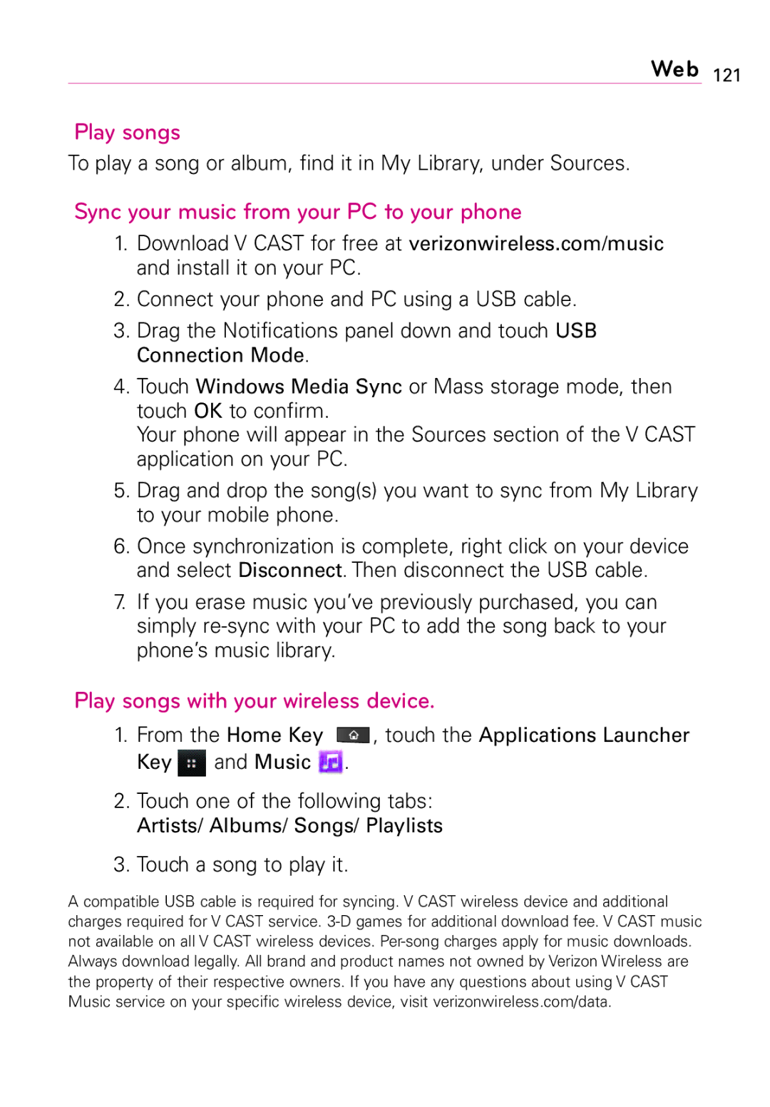 LG Electronics Vortex manual Sync your music from your PC to your phone, Play songs with your wireless device 