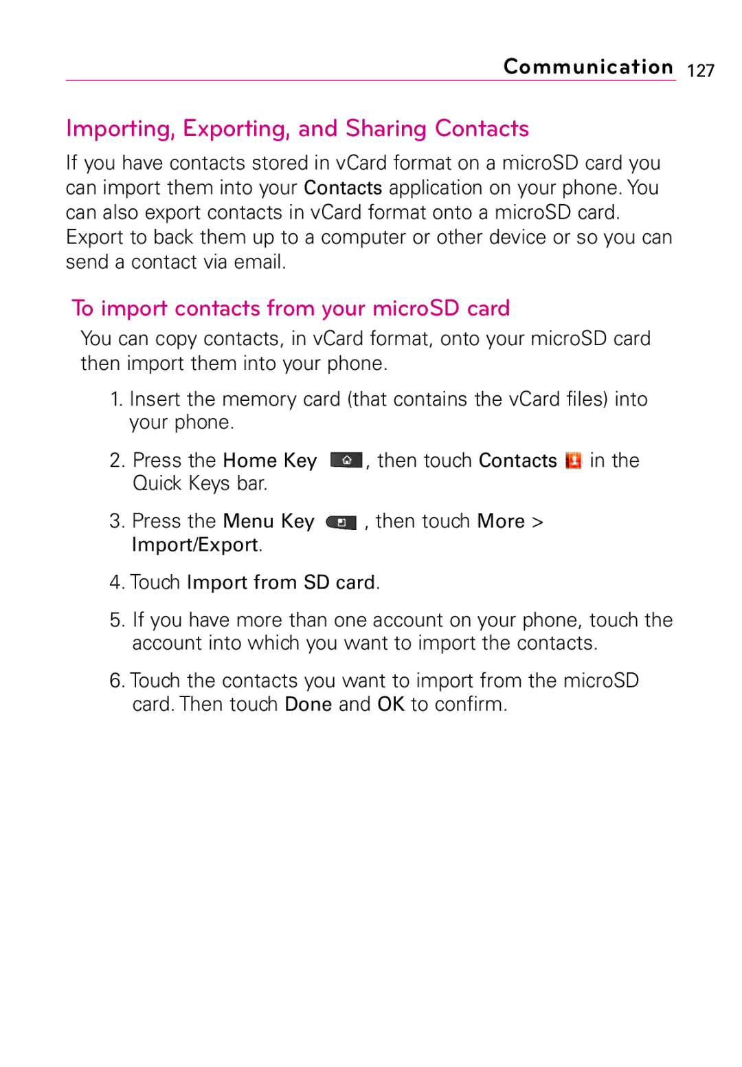 LG Electronics Vortex manual Importing, Exporting, and Sharing Contacts, To import contacts from your microSD card 