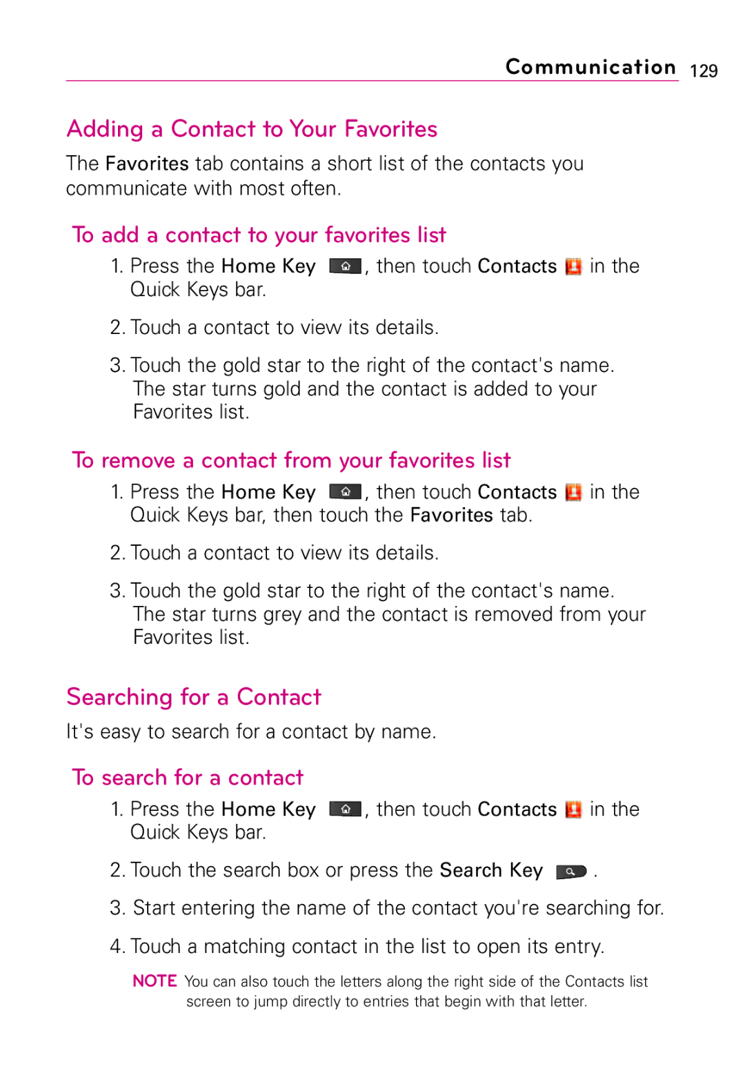 LG Electronics Vortex Adding a Contact to Your Favorites, To add a contact to your favorites list, Searching for a Contact 