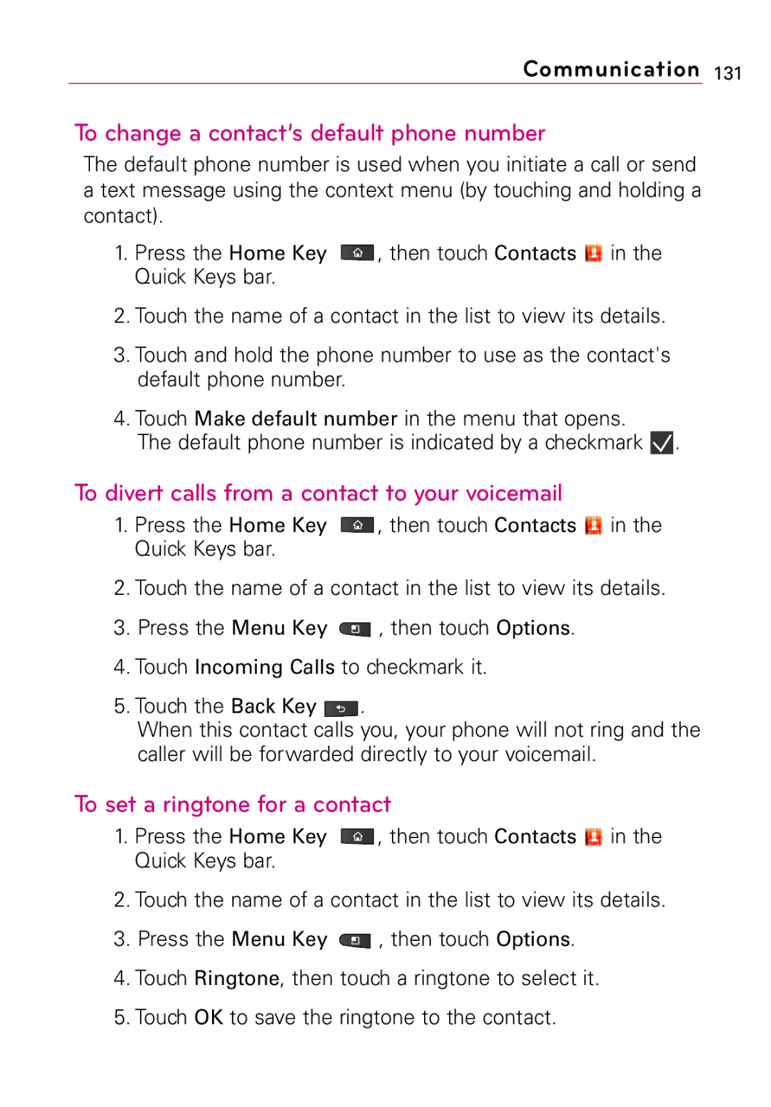 LG Electronics Vortex manual To change a contact’s default phone number, To divert calls from a contact to your voicemail 