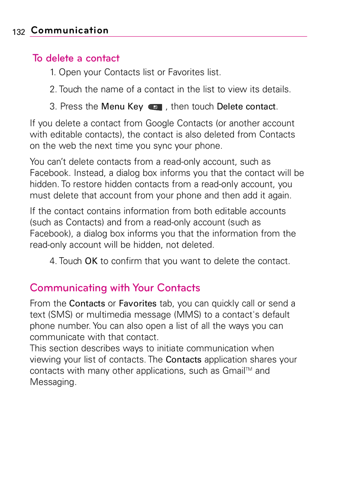 LG Electronics MFL67011201(1.0)G, Vortex manual To delete a contact, Communicating with Your Contacts 