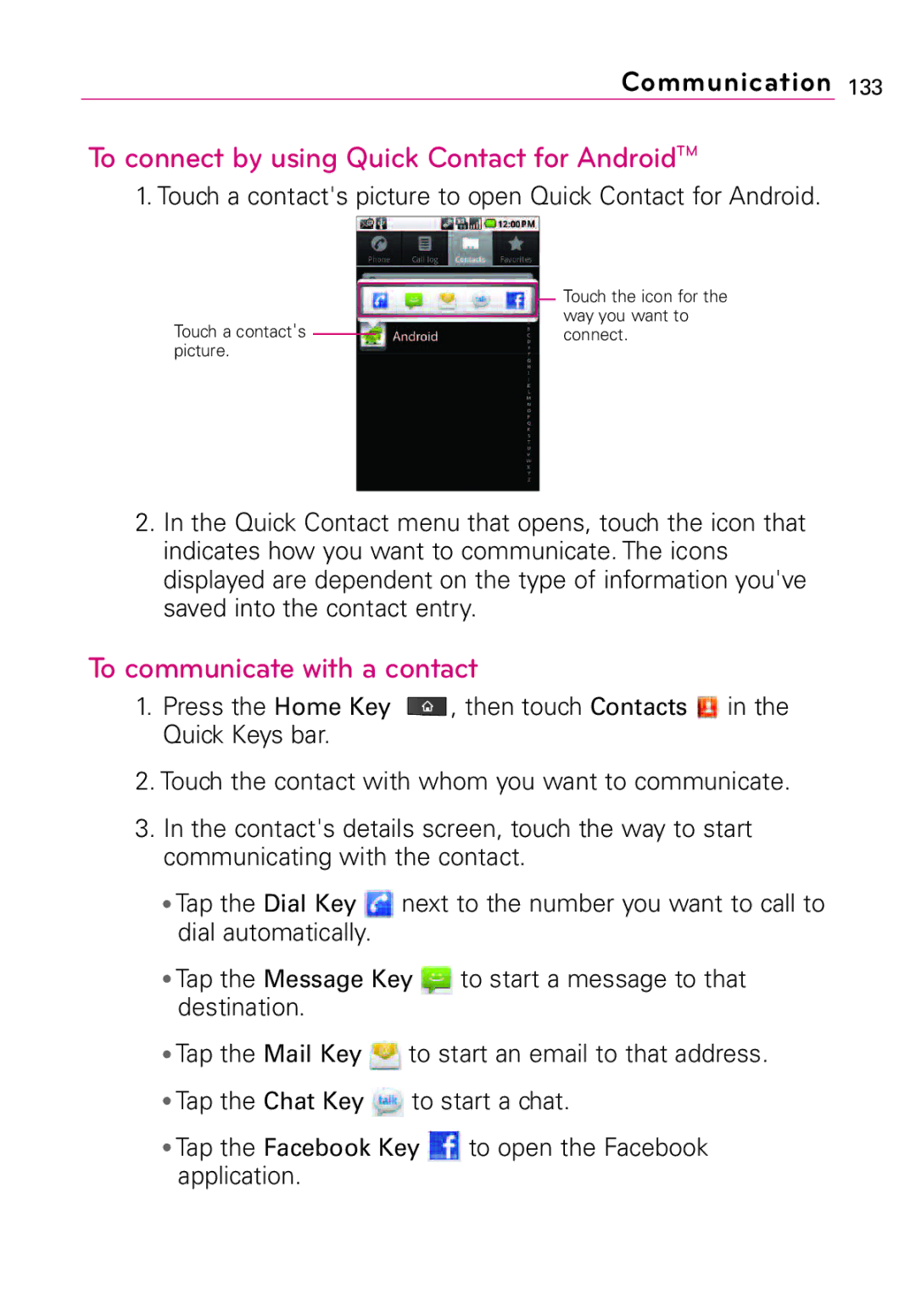 LG Electronics Vortex, MFL67011201(1.0)G To connect by using Quick Contact for AndroidTM, To communicate with a contact 