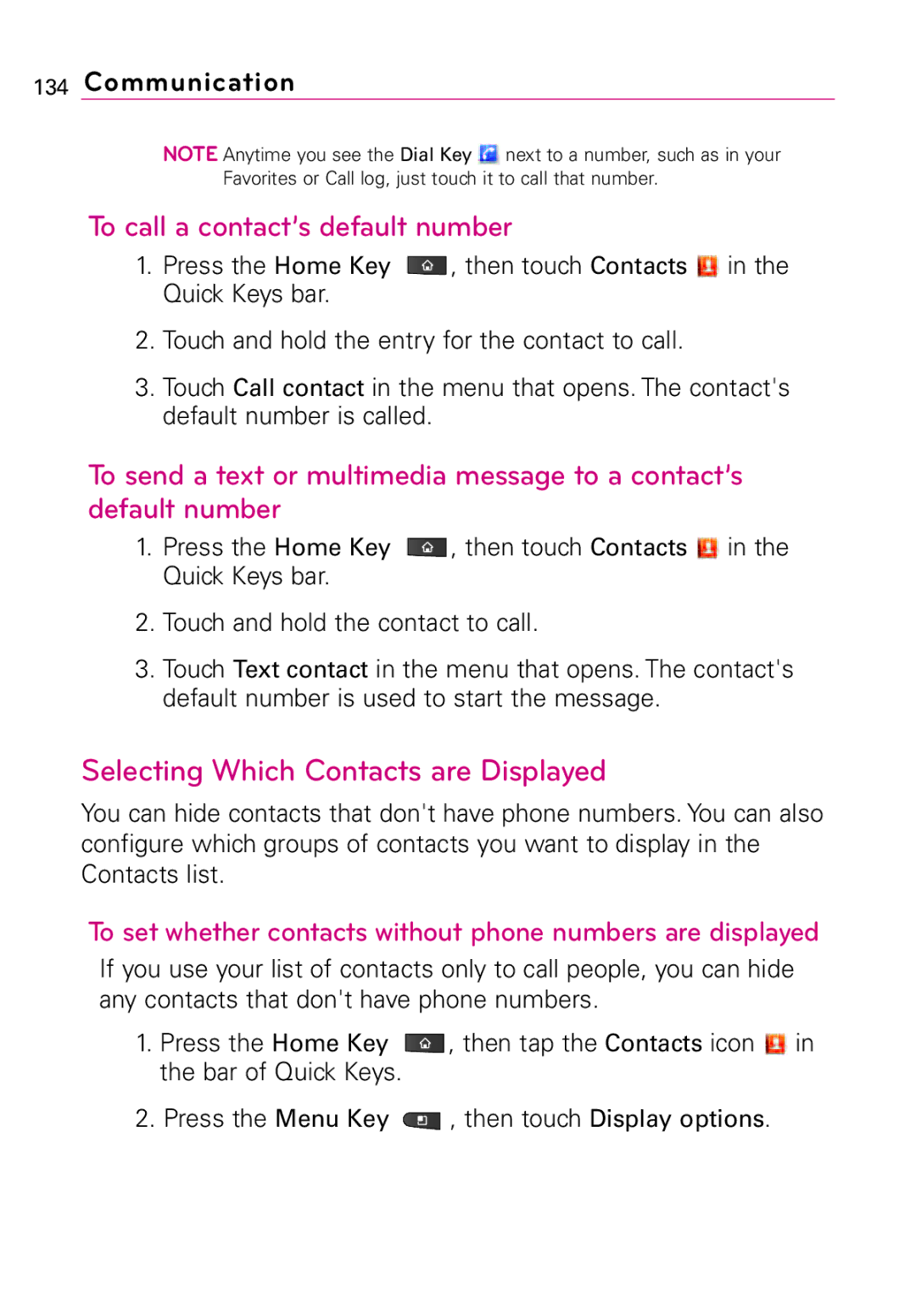 LG Electronics MFL67011201(1.0)G, Vortex manual To call a contact’s default number, Selecting Which Contacts are Displayed 