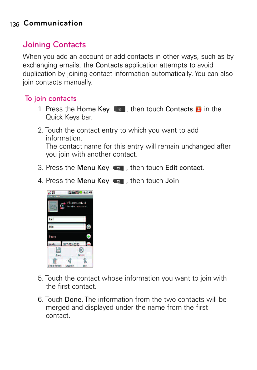 LG Electronics MFL67011201(1.0)G, Vortex manual Joining Contacts, To join contacts 