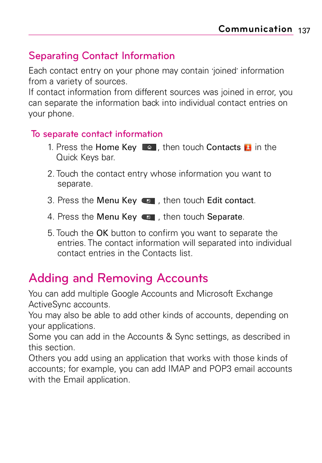 LG Electronics Vortex manual Adding and Removing Accounts, Separating Contact Information, To separate contact information 