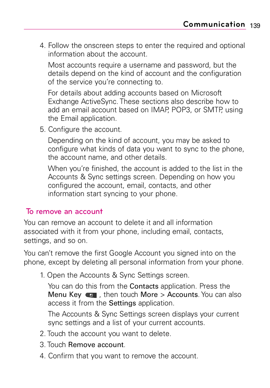 LG Electronics Vortex, MFL67011201(1.0)G manual To remove an account, Confirm that you want to remove the account 