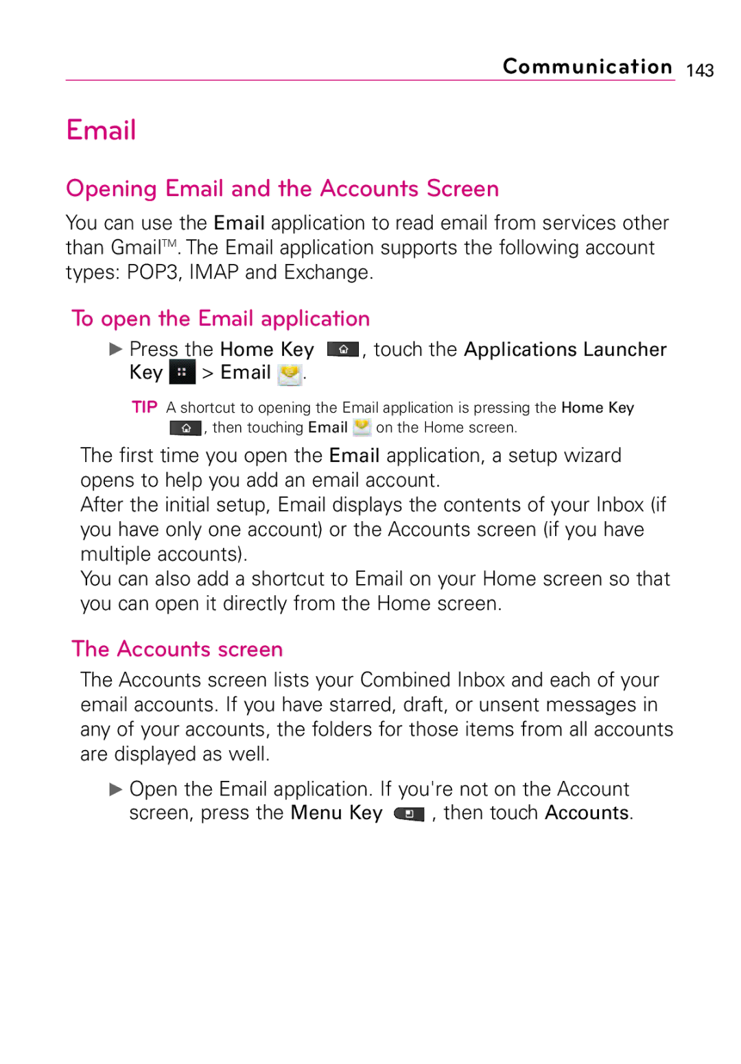 LG Electronics Vortex manual Opening Email and the Accounts Screen, To open the Email application, Accounts screen 