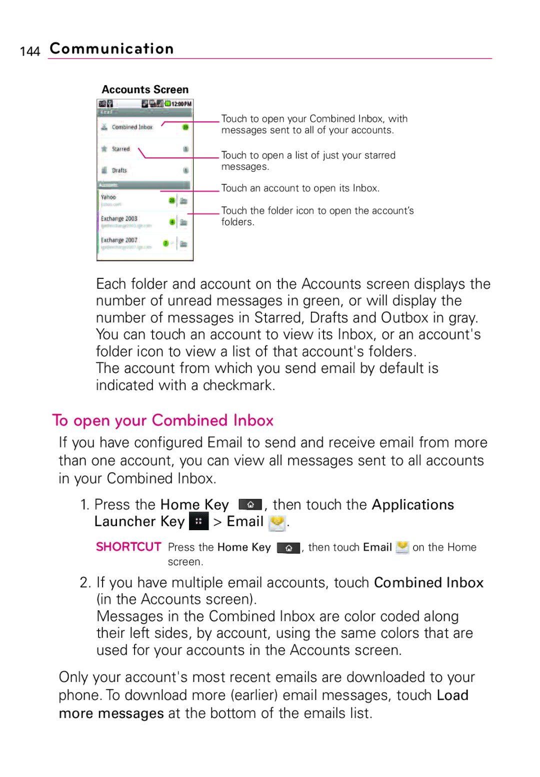 LG Electronics MFL67011201(1.0)G, Vortex manual To open your Combined Inbox, Accounts Screen 