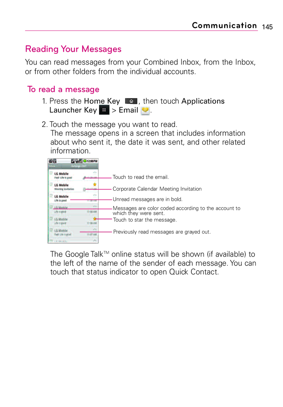 LG Electronics Vortex, MFL67011201(1.0)G manual Reading Your Messages, To read a message 