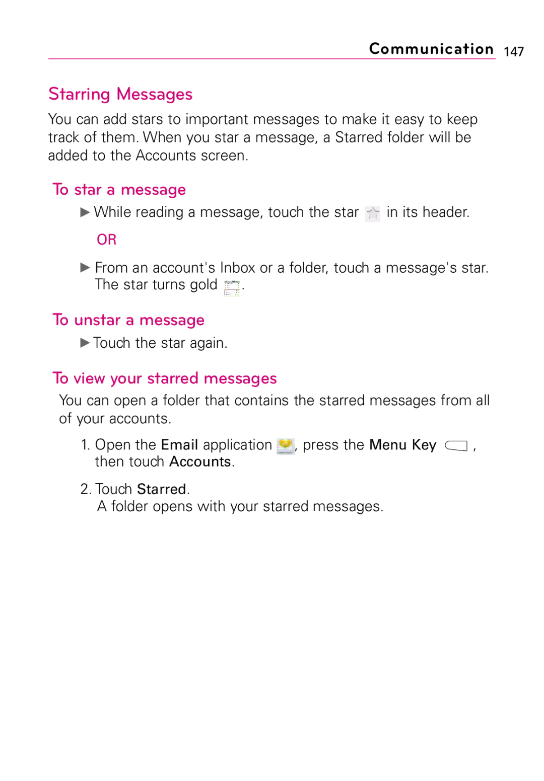 LG Electronics Vortex manual Starring Messages, To star a message, To unstar a message, To view your starred messages 