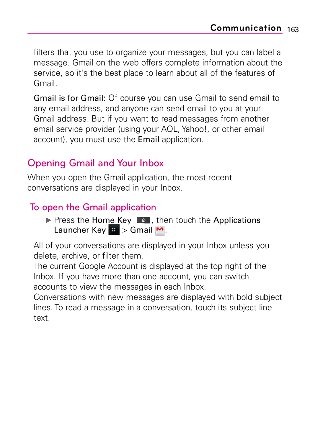 LG Electronics Vortex, MFL67011201(1.0)G manual Opening Gmail and Your Inbox, To open the Gmail application 