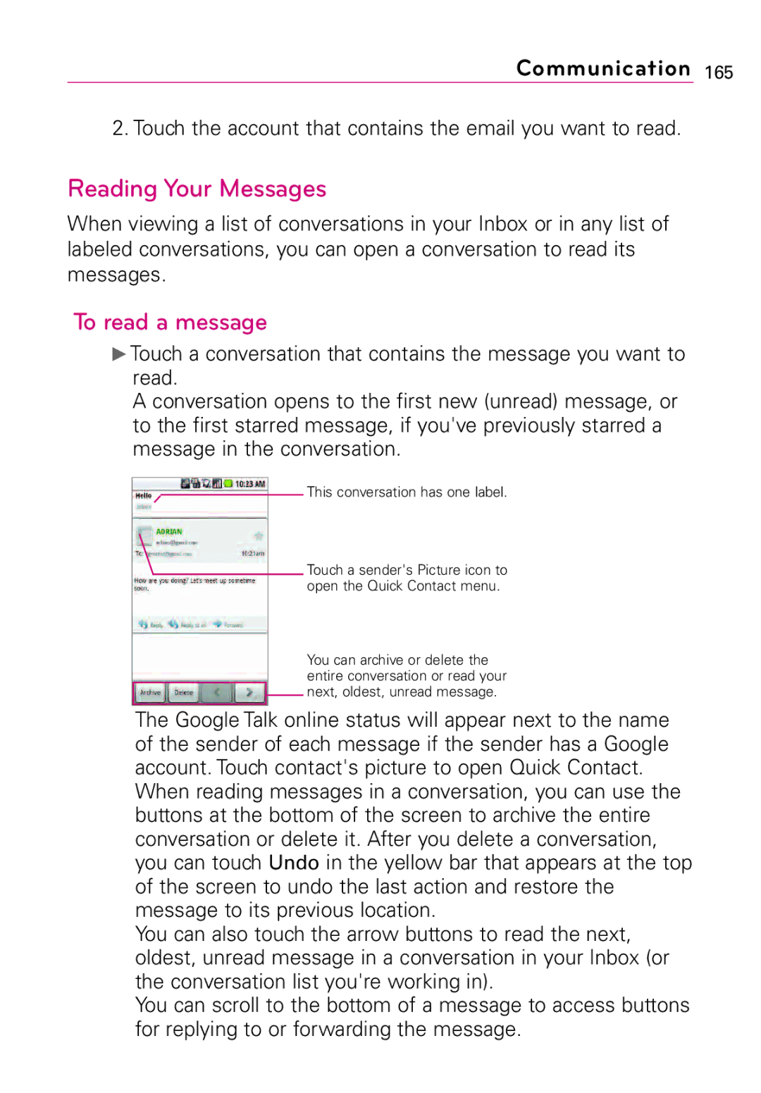 LG Electronics Vortex, MFL67011201(1.0)G Reading Your Messages, Touch the account that contains the email you want to read 