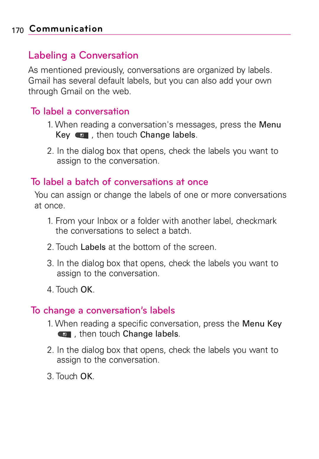 LG Electronics MFL67011201(1.0)G manual Labeling a Conversation, To label a conversation, To change a conversation’s labels 