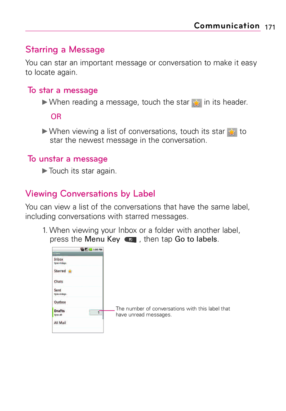 LG Electronics Vortex, MFL67011201(1.0)G manual Starring a Message, Viewing Conversations by Label, Touch its star again 