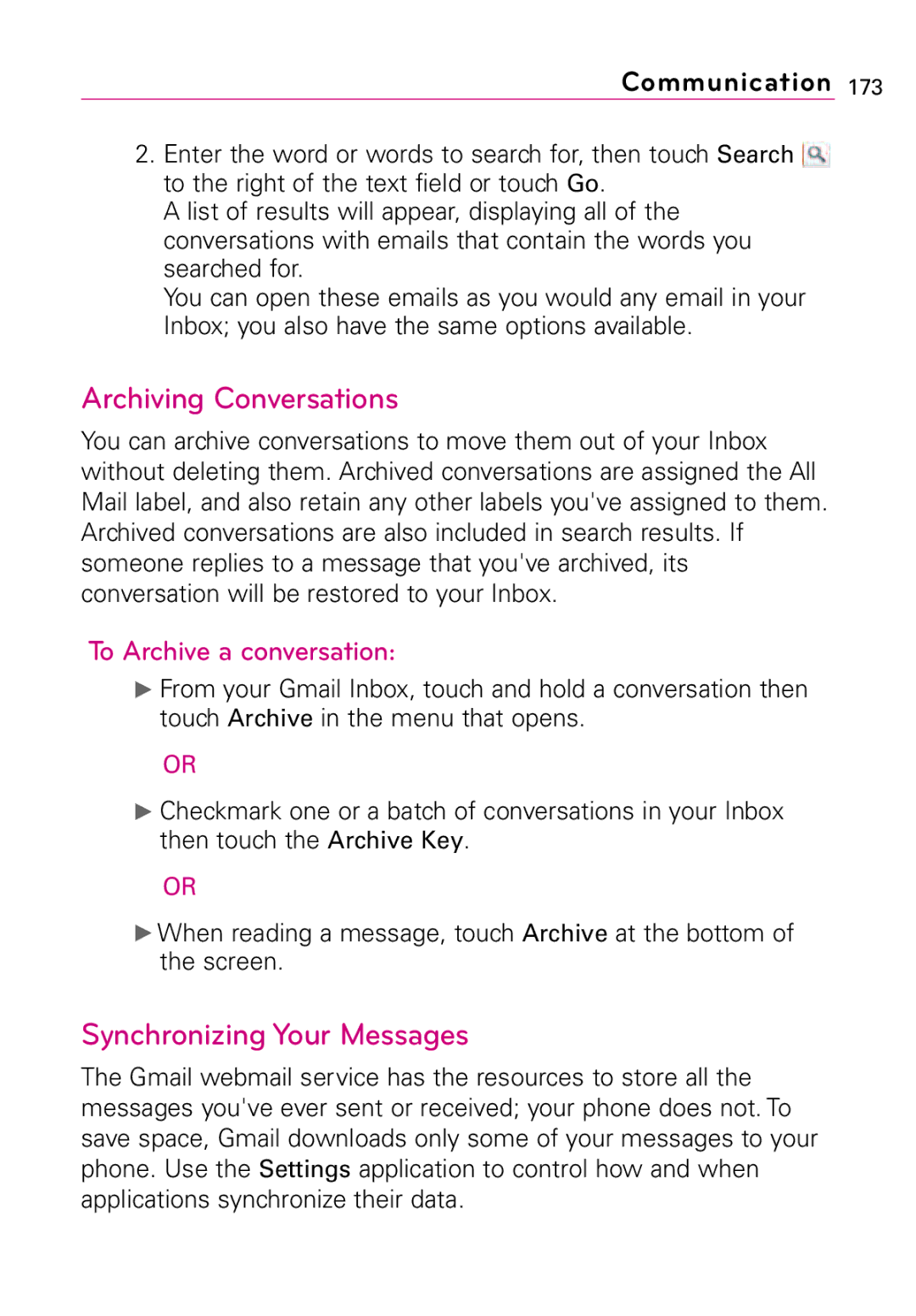 LG Electronics Vortex, MFL67011201(1.0)G Archiving Conversations, Synchronizing Your Messages, To Archive a conversation 