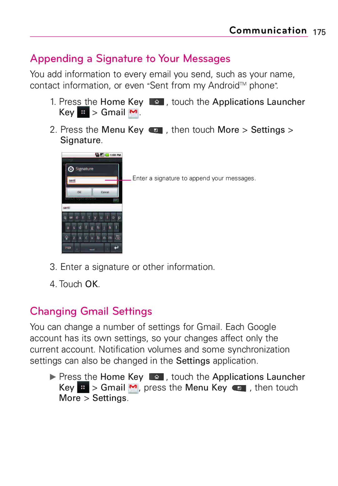 LG Electronics Vortex, MFL67011201(1.0)G manual Appending a Signature to Your Messages, Changing Gmail Settings 