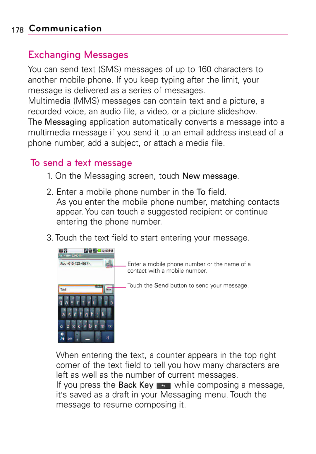 LG Electronics MFL67011201(1.0)G, Vortex manual Exchanging Messages, To send a text message 