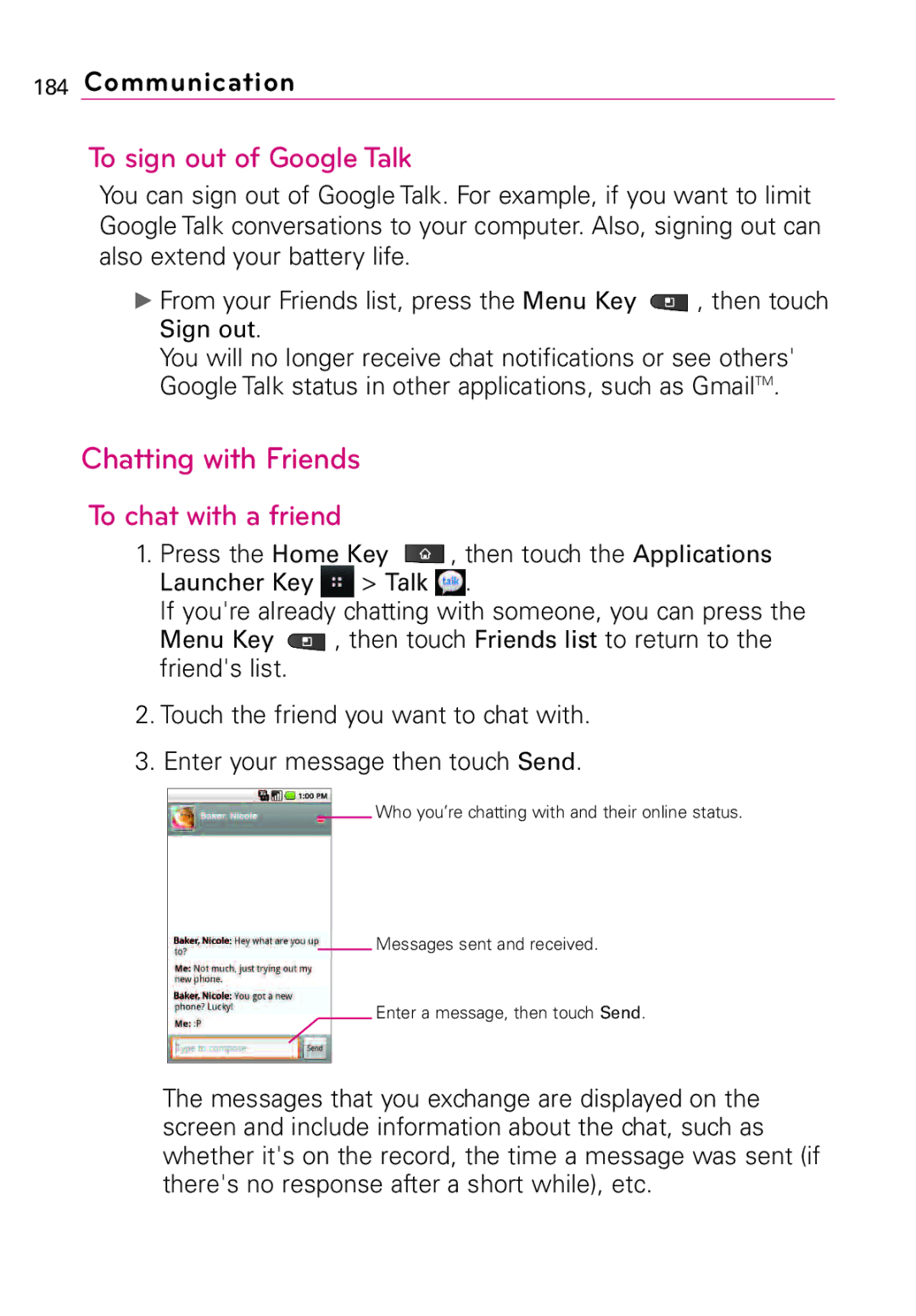 LG Electronics MFL67011201(1.0)G, Vortex manual To sign out of Google Talk, Chatting with Friends To chat with a friend 