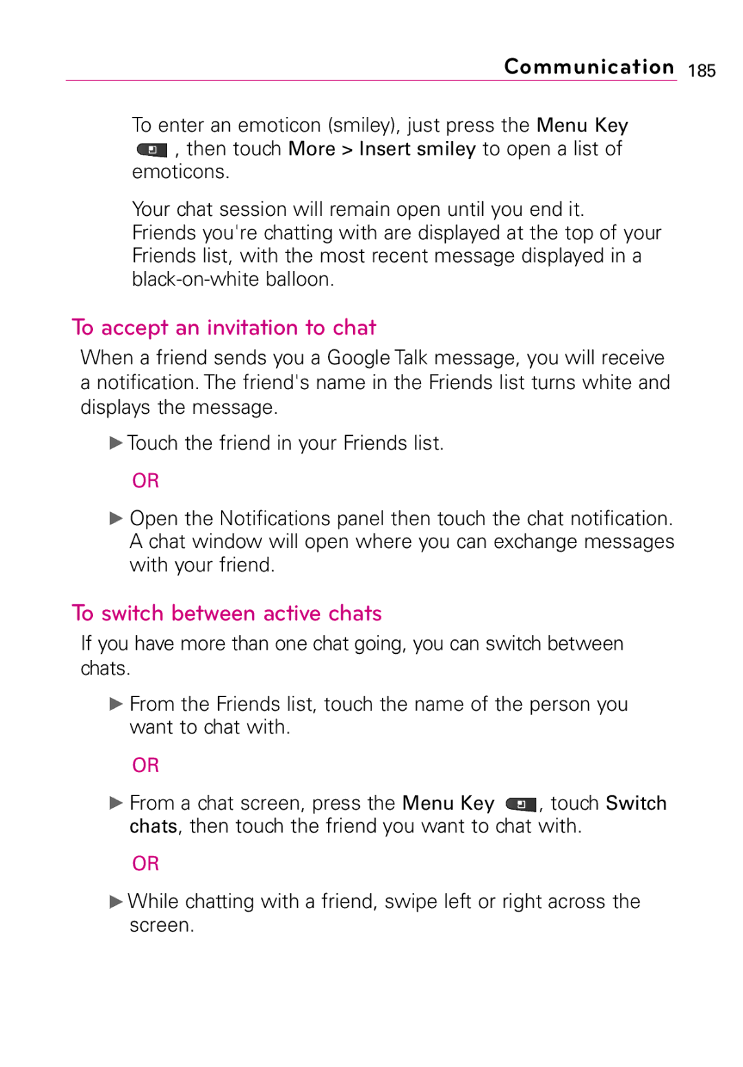 LG Electronics Vortex, MFL67011201(1.0)G manual To accept an invitation to chat, To switch between active chats 