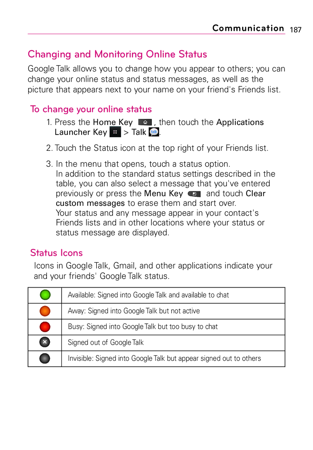 LG Electronics Vortex, MFL67011201(1.0)G Changing and Monitoring Online Status, To change your online status, Status Icons 