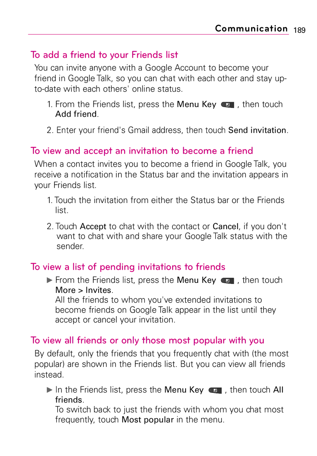 LG Electronics Vortex manual To add a friend to your Friends list, To view and accept an invitation to become a friend 