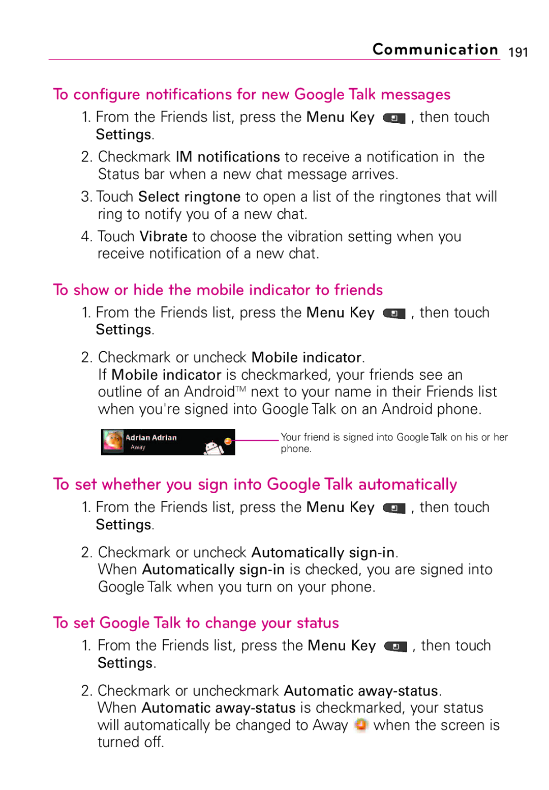 LG Electronics Vortex To set whether you sign into Google Talk automatically, To set Google Talk to change your status 