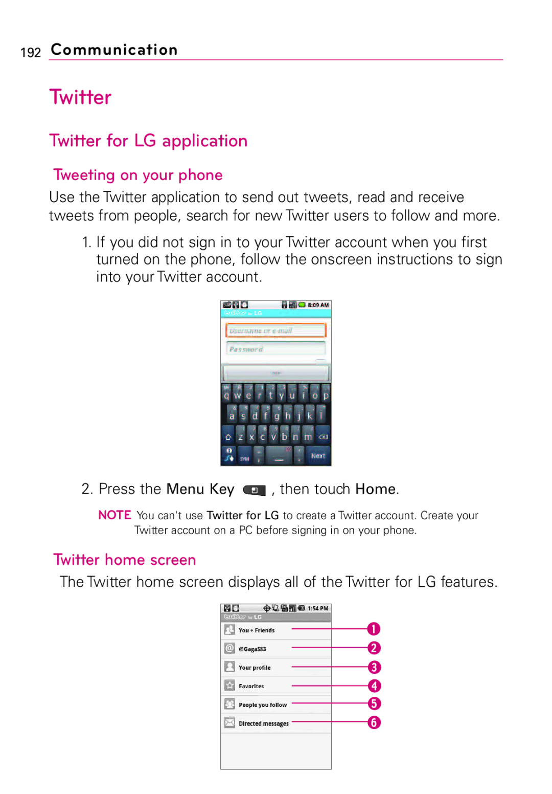 LG Electronics MFL67011201(1.0)G, Vortex manual Twitter for LG application, Tweeting on your phone, Twitter home screen 