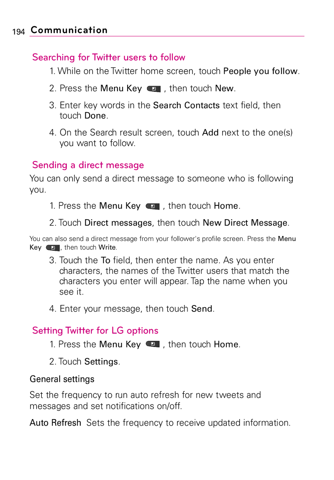 LG Electronics MFL67011201(1.0)G, Vortex manual Searching for Twitter users to follow, Sending a direct message 