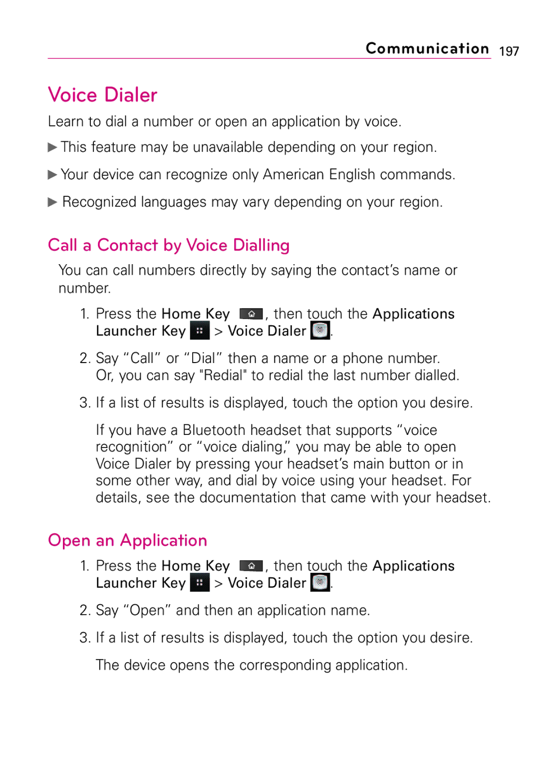 LG Electronics Vortex, MFL67011201(1.0)G manual Call a Contact by Voice Dialling, Open an Application 