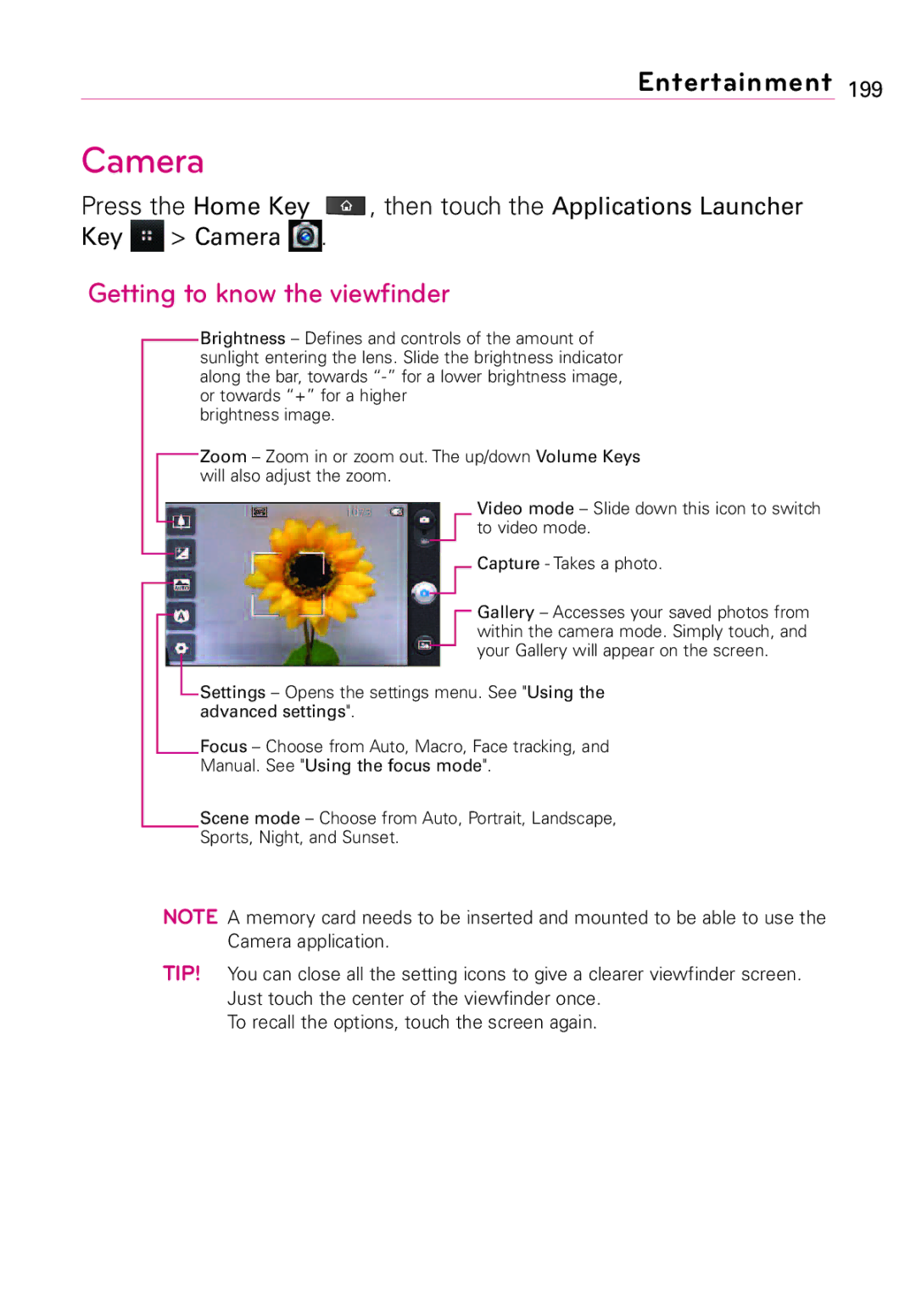 LG Electronics Vortex, MFL67011201(1.0)G manual Camera, Getting to know the viewfinder 