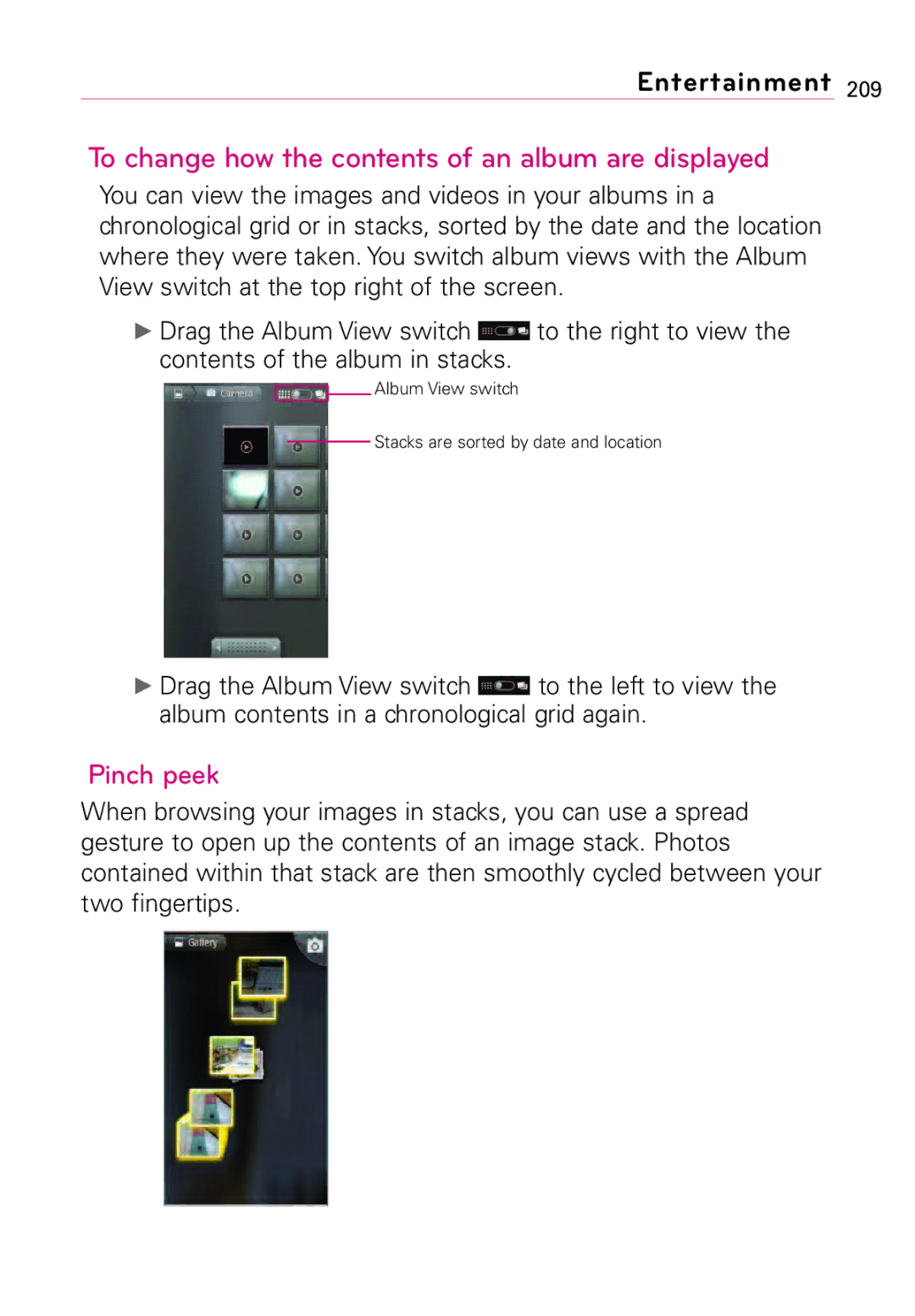 LG Electronics Vortex, MFL67011201(1.0)G manual To change how the contents of an album are displayed 