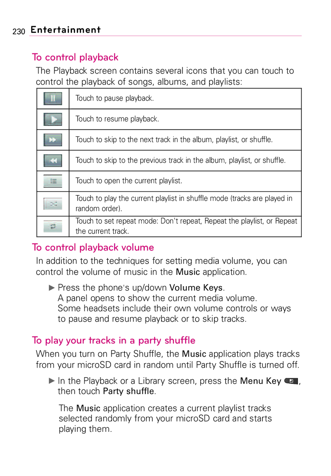 LG Electronics MFL67011201(1.0)G, Vortex manual To control playback volume, To play your tracks in a party shuffle 