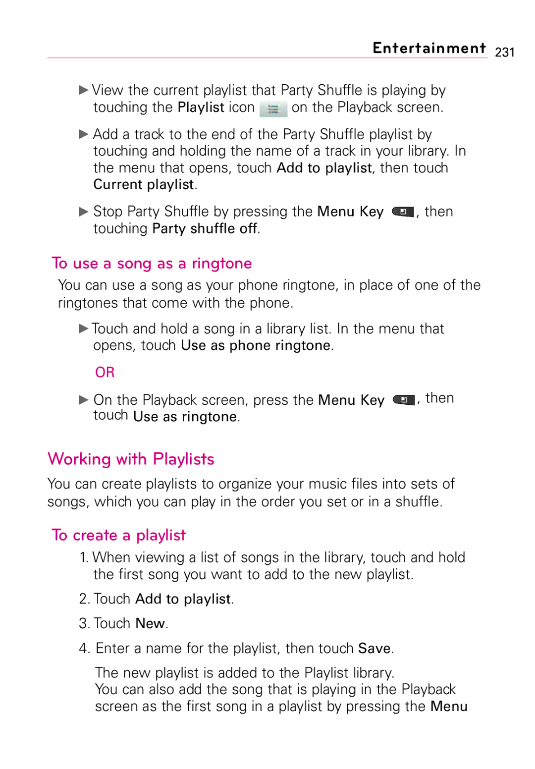 LG Electronics Vortex, MFL67011201(1.0)G manual To use a song as a ringtone, Working with Playlists, To create a playlist 