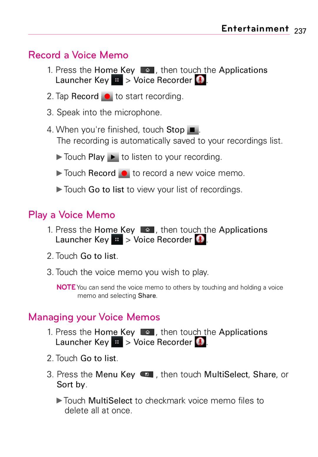 LG Electronics Vortex, MFL67011201(1.0)G manual Record a Voice Memo, Play a Voice Memo, Managing your Voice Memos 