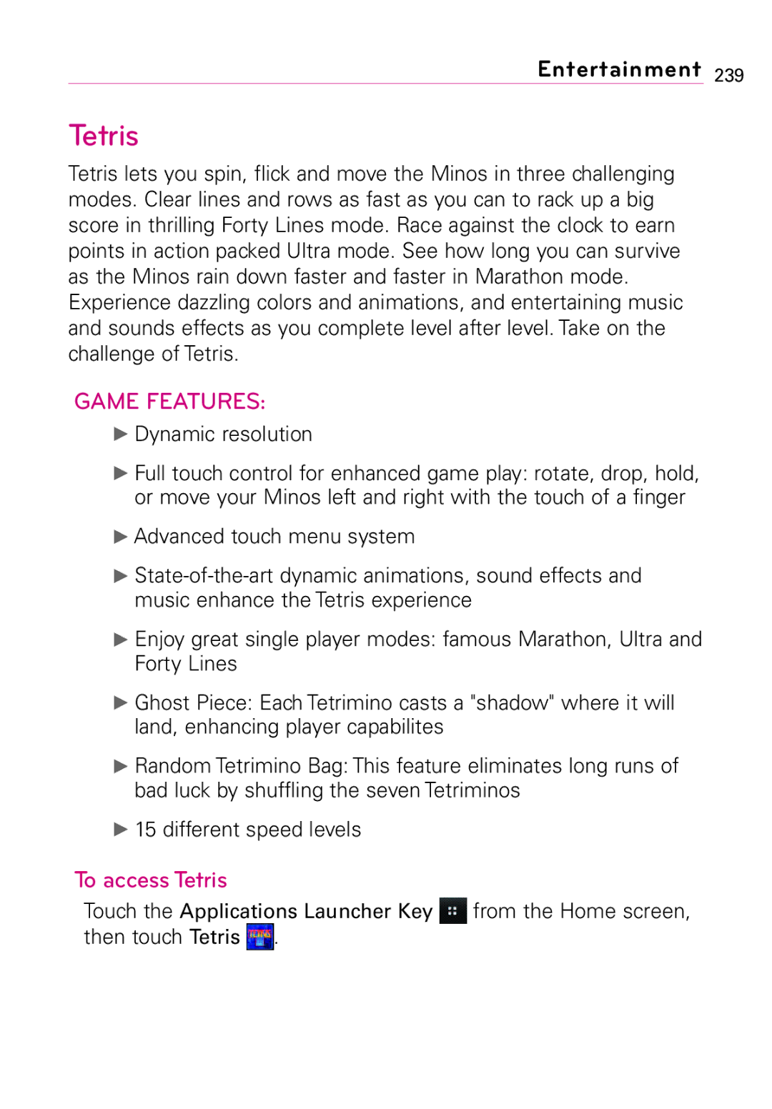 LG Electronics Vortex, MFL67011201(1.0)G manual To access Tetris, Dynamic resolution 