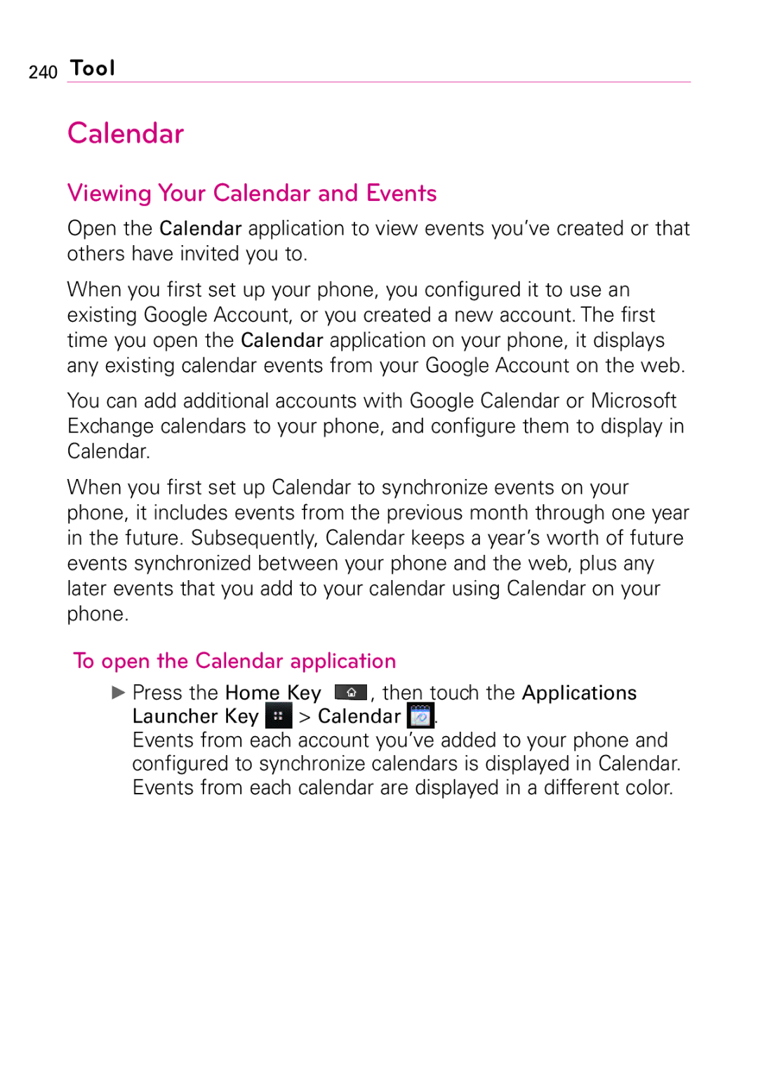 LG Electronics MFL67011201(1.0)G, Vortex manual Viewing Your Calendar and Events, To open the Calendar application 