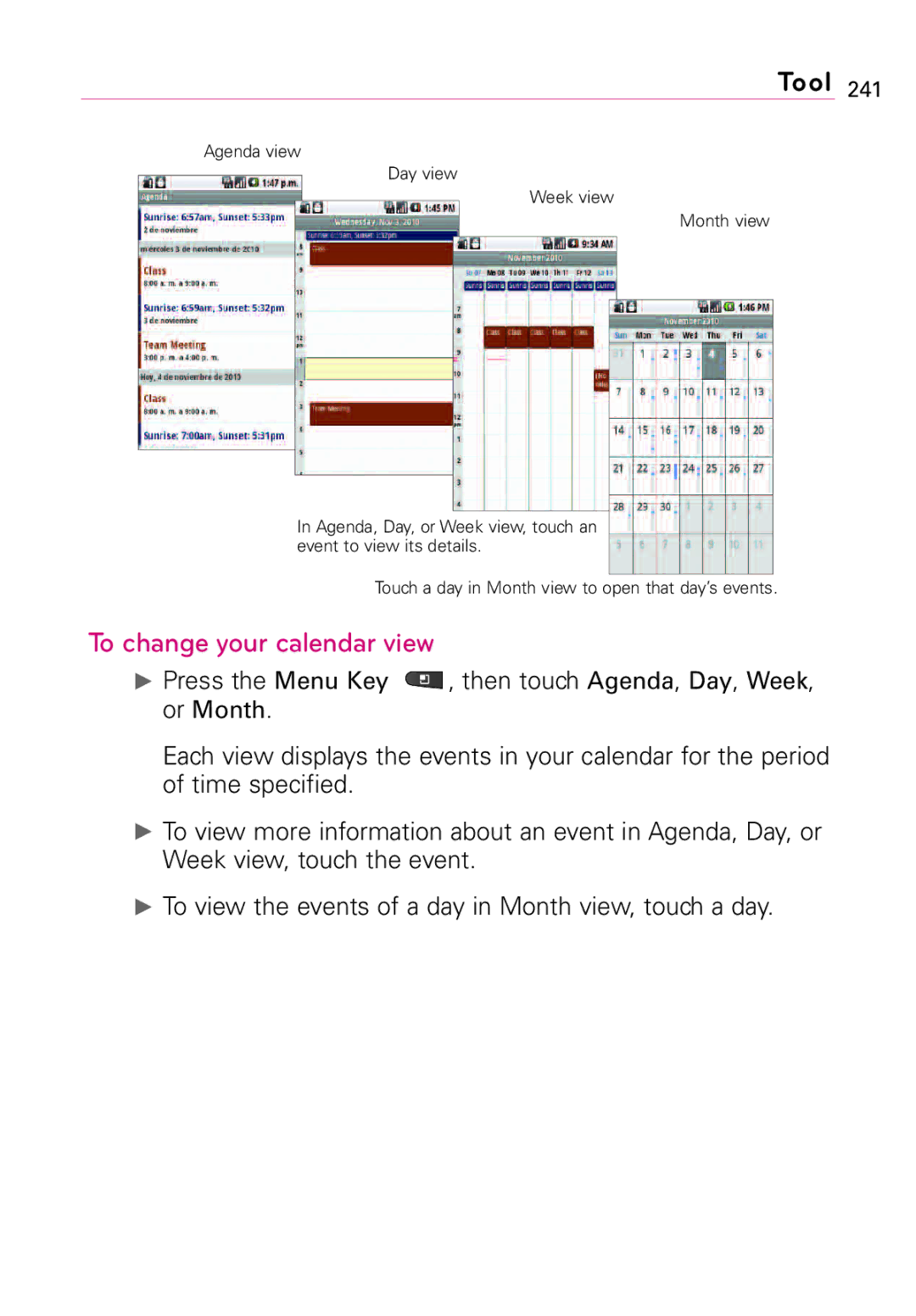 LG Electronics Vortex, MFL67011201(1.0)G manual To change your calendar view 