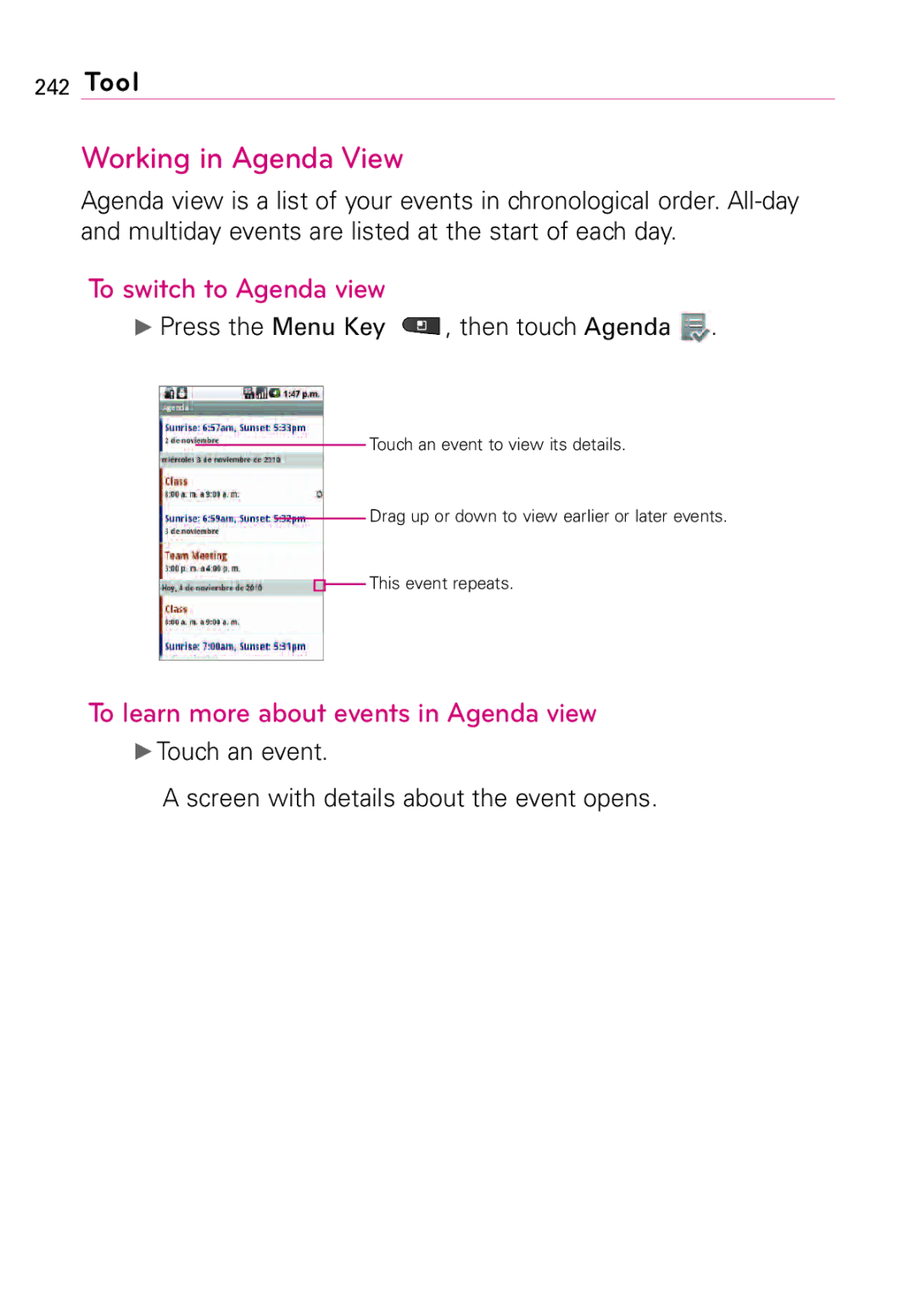 LG Electronics MFL67011201(1.0)G Working in Agenda View, To switch to Agenda view, Press the Menu Key , then touch Agenda 