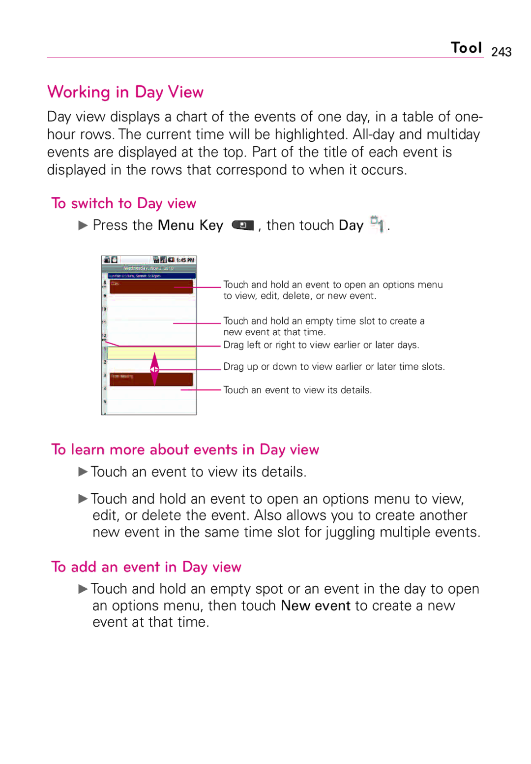 LG Electronics Vortex manual Working in Day View, To switch to Day view, To learn more about events in Day view 