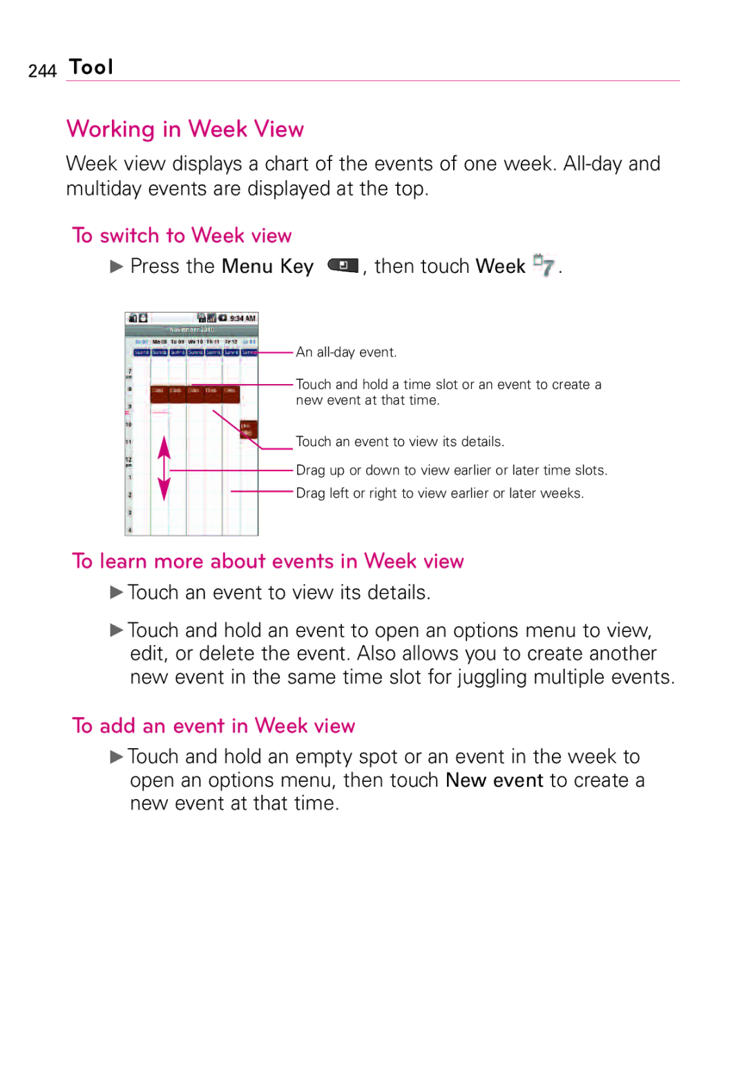 LG Electronics MFL67011201(1.0)G Working in Week View, To switch to Week view, To learn more about events in Week view 