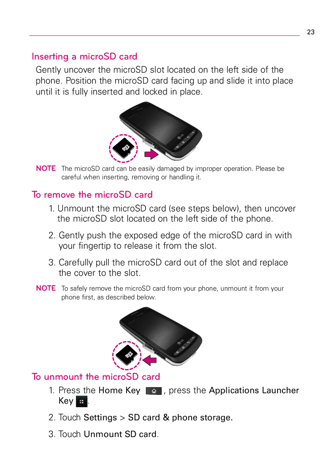 LG Electronics Vortex, MFL67011201(1.0)G Inserting a microSD card, To remove the microSD card, To unmount the microSD card 